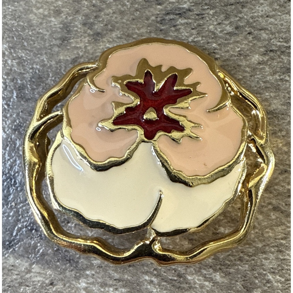 Vintage Gold-Tone Enamel Pansy Flower Brooch Pin – Cream Peach Burgundy 1.5"